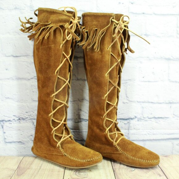 Minnetonka Brown Suede Knee High Lace Up Moccasins Festival Fringe Size 6 - Picture 3 of 8